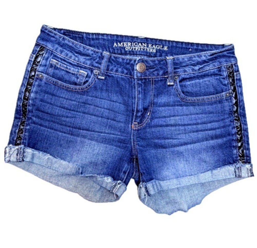 American Eagle Cuffed Jean Shorts Women's 10 Braided Black Leather Hip Strips